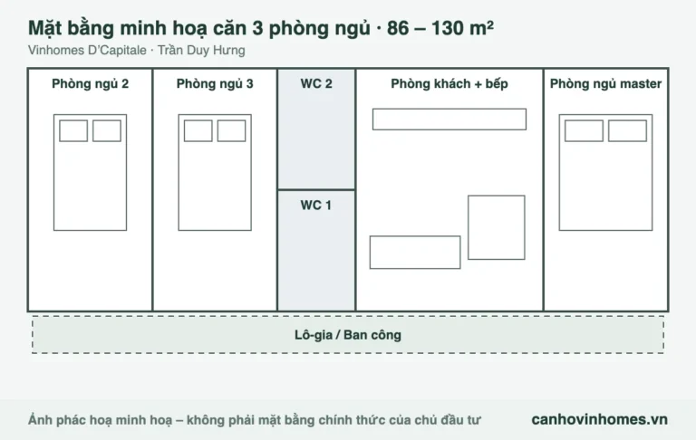 Mặt bằng minh hoạ căn 3 phòng ngủ 86 – 130 m² Vinhomes D’Capitale