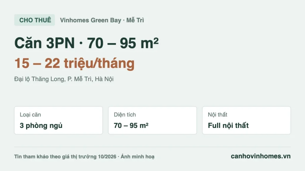 Cho thuê căn hộ 3PN 70 – 95 m² Vinhomes Green Bay giá 15 – 22 triệu/tháng