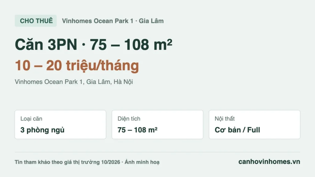 Cho thuê căn hộ 3PN 75 – 108 m² Vinhomes Ocean Park 1 giá 10 – 20 triệu/tháng