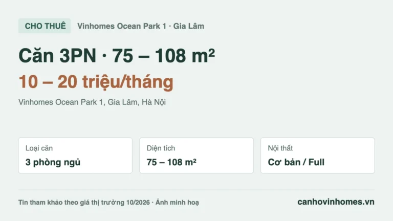 Cho thuê căn hộ 3PN Vinhomes Ocean Park 1: 75 – 108 m², giá 10 – 20 triệu/tháng