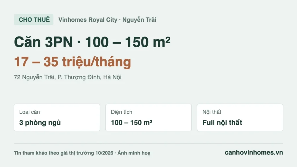 Cho thuê căn hộ 3PN 100 – 150 m² Vinhomes Royal City giá 17 – 35 triệu/tháng
