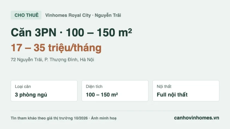 Cho thuê căn hộ 3PN 100 – 150 m² Vinhomes Royal City, giá 17 – 35 triệu/tháng