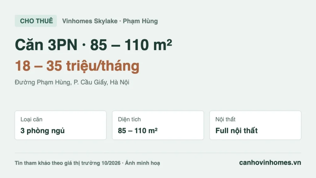 Cho thuê căn hộ 3PN 85 – 110 m² Vinhomes Skylake giá 18 – 35 triệu/tháng