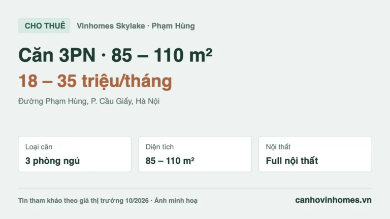Cho thuê căn hộ 3PN Vinhomes Skylake: 85 – 110 m², giá 18 – 35 triệu/tháng