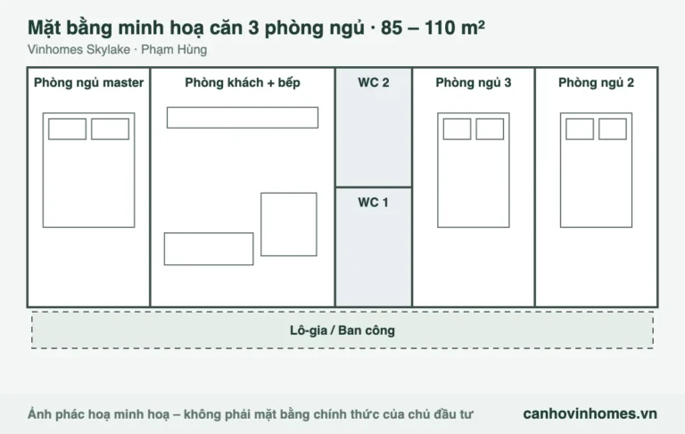 Mặt bằng minh hoạ căn 3 phòng ngủ 85 – 110 m² Vinhomes Skylake