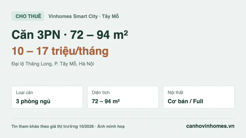 Cho thuê căn hộ 3PN 72 – 94 m² Vinhomes Smart City giá 10 – 17 triệu/tháng