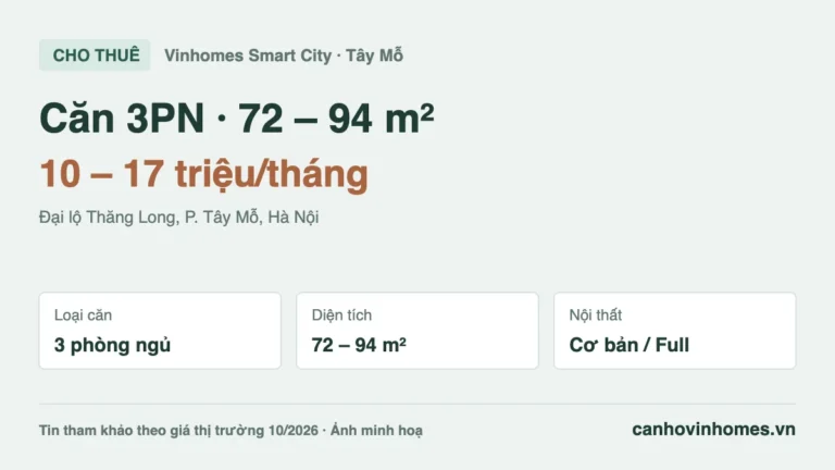 Cho thuê căn hộ 3PN 72 – 94 m² Vinhomes Smart City, giá 10 – 17 triệu/tháng