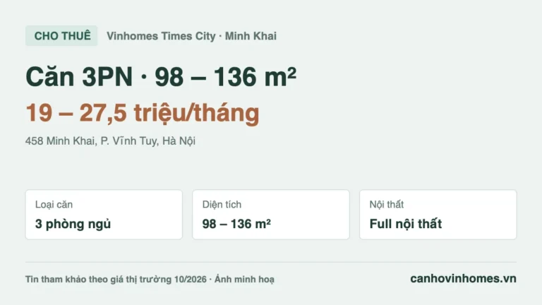 Cho thuê căn hộ 3PN Vinhomes Times City: 98 – 136 m², giá 19 – 27,5 triệu/tháng