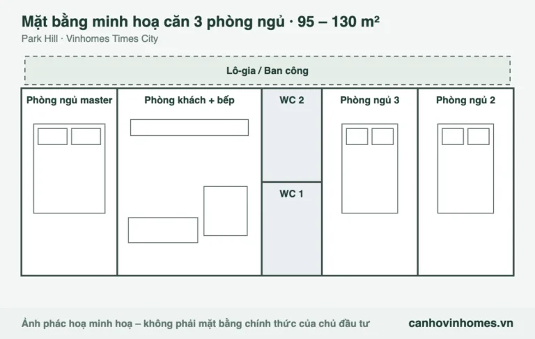 Mặt bằng minh hoạ căn 3 phòng ngủ 95 – 130 m² Vinhomes Times City Park Hill