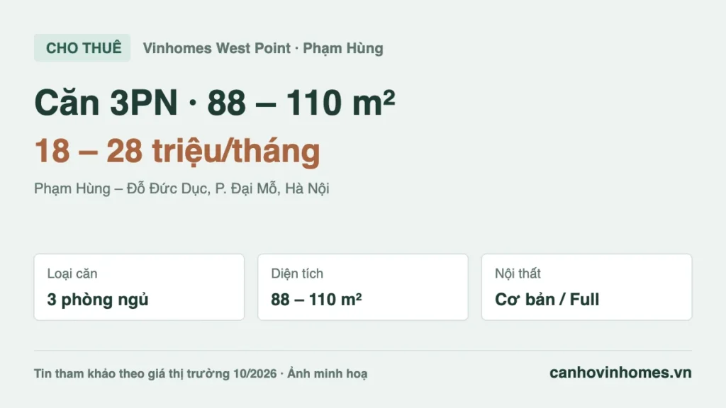 Cho thuê căn hộ 3PN 88 – 110 m² Vinhomes West Point giá 18 – 28 triệu/tháng