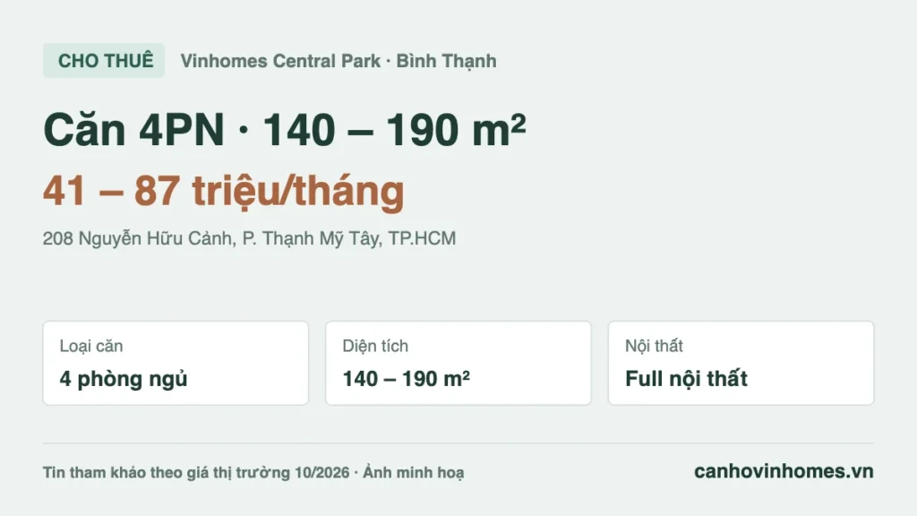 Cho thuê căn hộ 4PN 140 – 190 m² Vinhomes Central Park giá 41 – 87 triệu/tháng