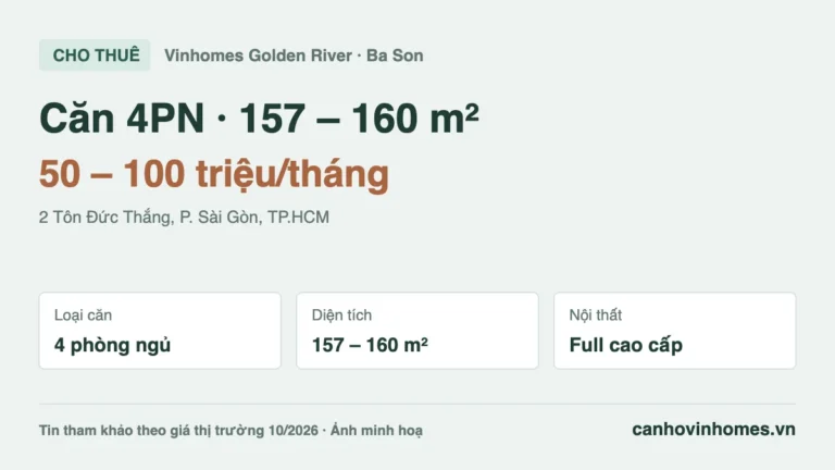 Cho thuê căn hộ 4PN Vinhomes Golden River: 157 – 160 m², giá 50 – 100 triệu/tháng