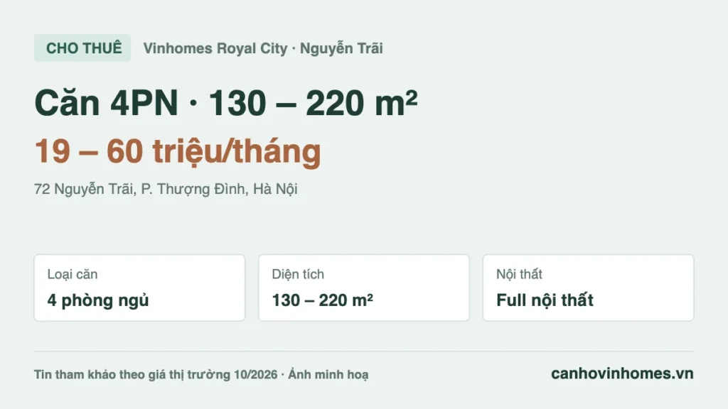 Cho thuê căn hộ 4PN 130 – 220 m² Vinhomes Royal City giá 19 – 60 triệu/tháng