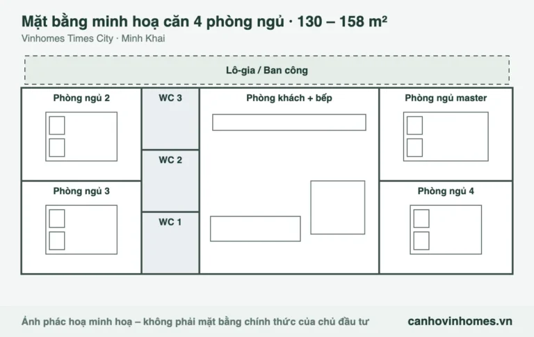 Mặt bằng minh hoạ căn 4 phòng ngủ 130 – 158 m² Vinhomes Times City