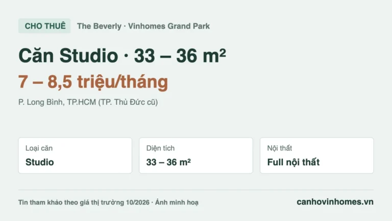 Cho thuê căn hộ Studio 33 – 36 m² The Beverly Vinhomes Grand Park, giá 7 – 8,5 triệu/tháng