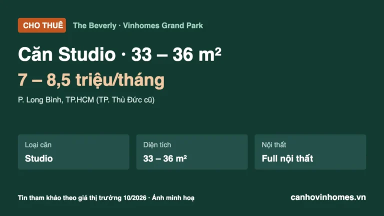 Cho thuê căn hộ Studio 33 – 36 m² The Beverly Vinhomes Grand Park, giá 7 – 8,5 triệu/tháng