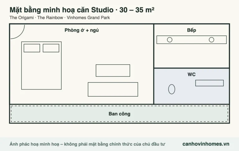 Mặt bằng minh hoạ căn Studio 30 – 35 m² The Origami – The Rainbow Vinhomes Grand Park