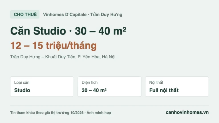 Cho thuê căn hộ Studio 30 – 40 m² Vinhomes D’Capitale, giá 12 – 15 triệu/tháng