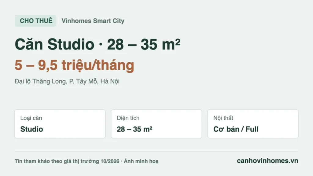 Cho thuê căn hộ Studio 28 – 35 m² Vinhomes Smart City giá 5 – 9,5 triệu/tháng