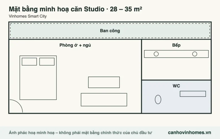Mặt bằng minh hoạ căn Studio 28 – 35 m² Vinhomes Smart City