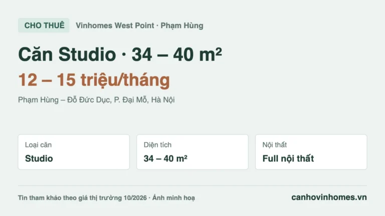 Cho thuê căn hộ Studio 34 – 40 m² Vinhomes West Point, giá 12 – 15 triệu/tháng