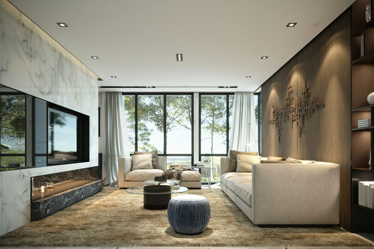 Phòng khách biệt thự Vinhomes Cần Giờ với vách kính hướng cảnh quan