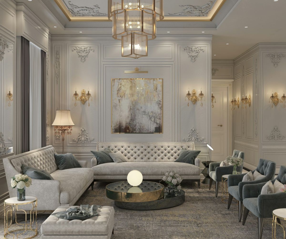 Phòng khách nhà phố Vinhomes Cần Giờ hoàn thiện theo phong cách tân cổ điển